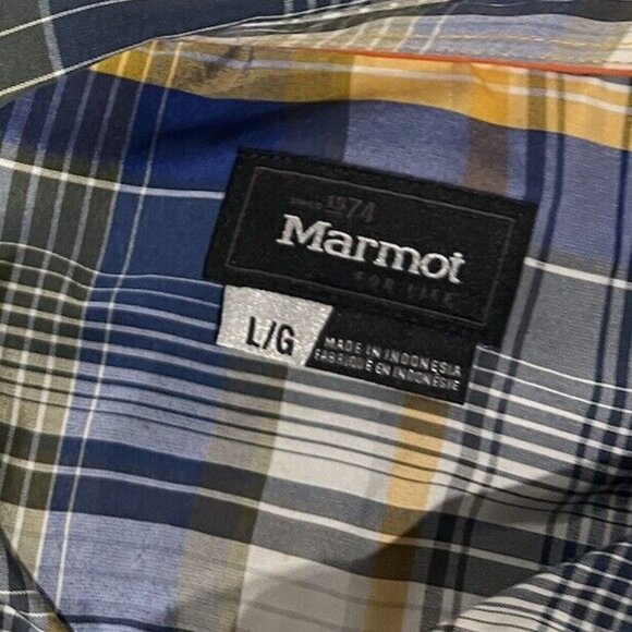 Marmot Men's Large Blue/Yellow Plaid Lightweight Button Front Short Sleeve Shirt - Picture 2 of 7